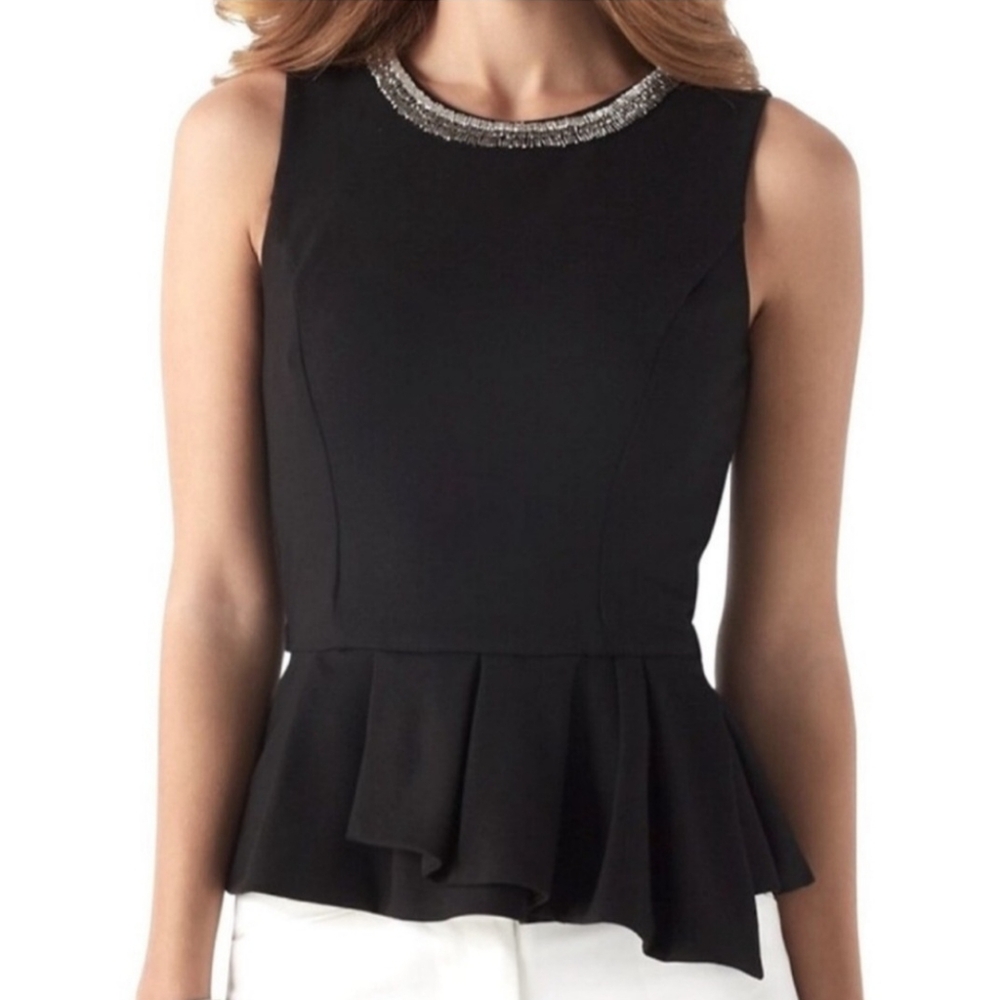 WHBM Ponte Knit Black Sleevless Peplum Blouse with Beaded Neckline, Size 10
